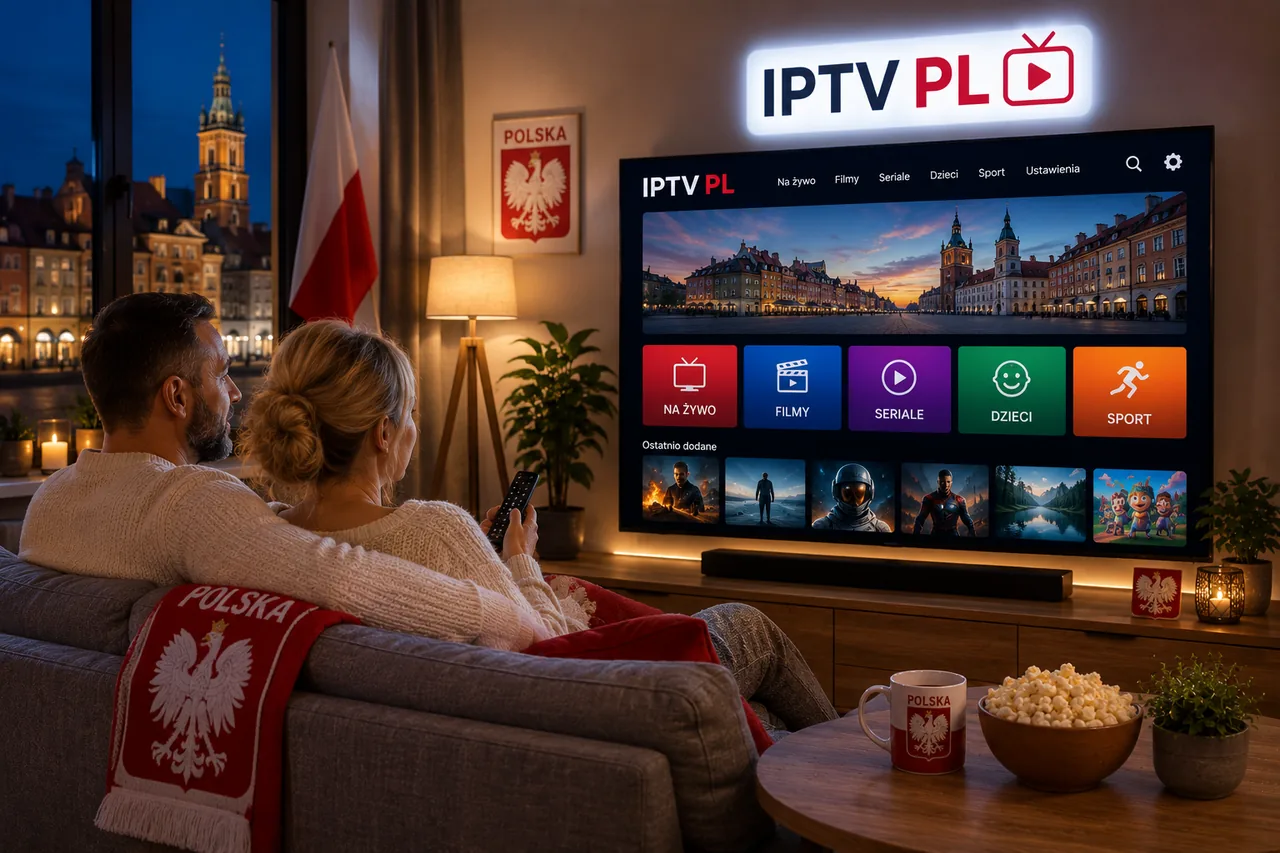 Para oglada telewizje przez IPTV Polska w przytulnym salonie wieczorem