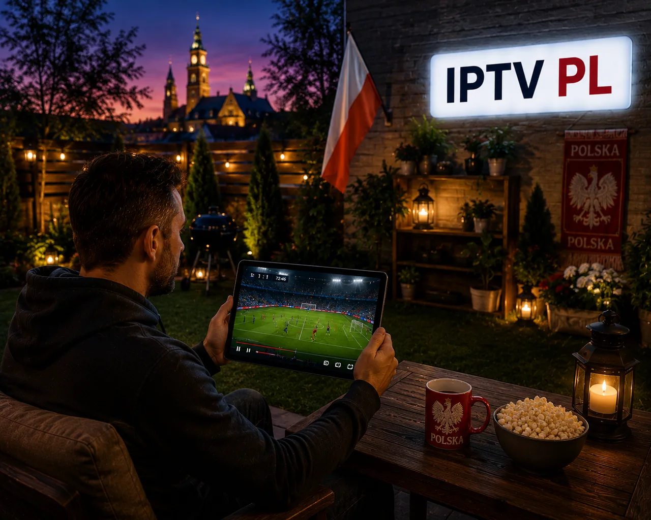 Mezczyzna oglada mecz pilki noznej na tablecie w ogrodzie przez IPTV